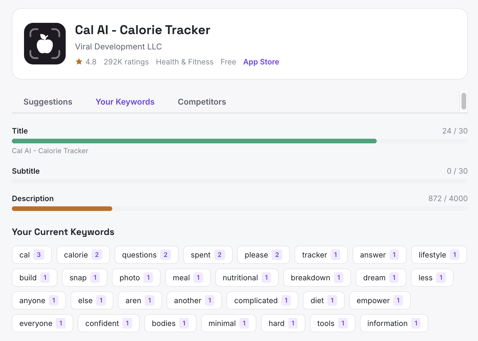 App Vulture ASO Keyword Suggestions tool showing competitor keyword analysis